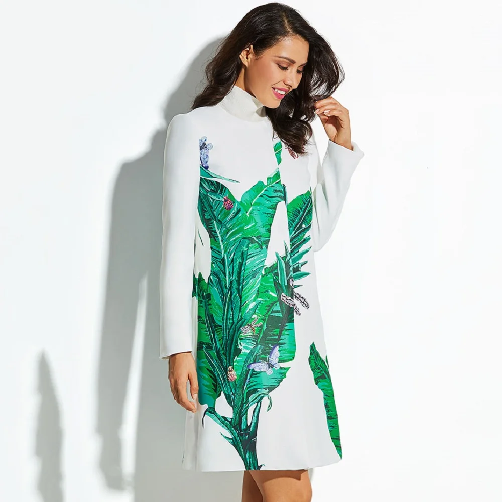 Тонкое шерстяное платье женское длинное пальто белая модная женская верхняя одежда с принтом зеленых листьев из хлопка элегантная весенне-осенняя верхняя одежда