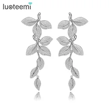 LUOTEEMI 2016 Nuevo Elegante Forma de la Hoja Pendientes de Gota Declaración Pequeño CZ Rodio Plateado Noble Novia de La Boda Cuelgan Brincos Joyería