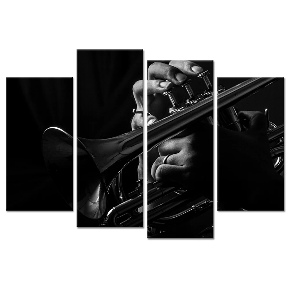 

Canvas Printed Wall Art Poster 4 Panel Wall Decor Black And White Musician Play Cornet Musical Instruments Painting For Home