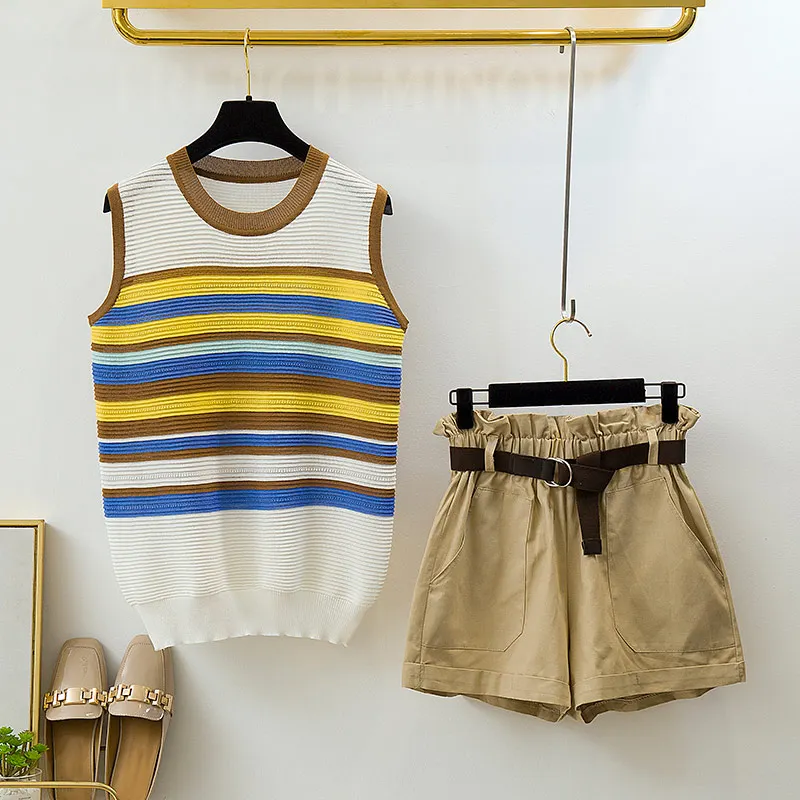 

Women's 2 Pieces Set Ruffled Wide Leg Sashes Shorts Knitted Striped Sleeveless T-shirt 2019 O-neck Belted Summer Casual Sets