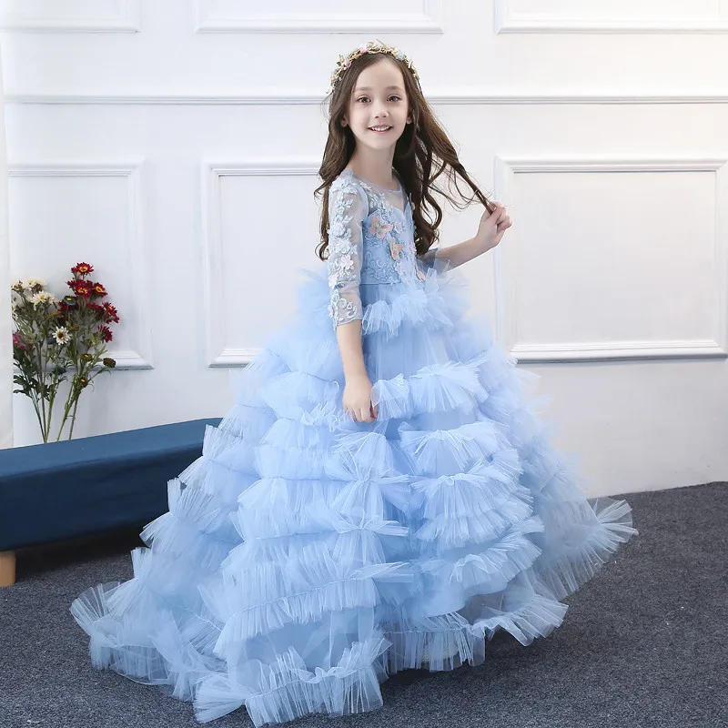 

2018 Autumn New Elegant Baby Girl Princess Bridesmaid Train Wedding Birthday Long Tail Dress Kids Evening Party Layers Dress