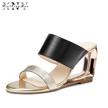

XiuNingYan Genuine Leather High Heels Women Slippers Strange Style Slides Footwear 2019 Ladies Mules Summer Shoes Woman Sandals