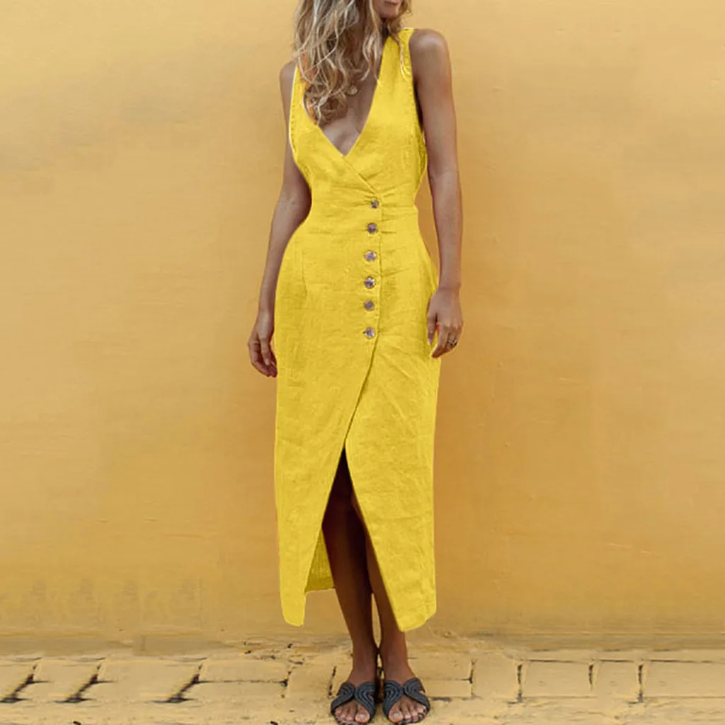 

Cotton Linen Buttons Women Dress Sleeveless V-Neck Hight Split Maxi Dress Ladies Beach Dress 2019 Vestidos