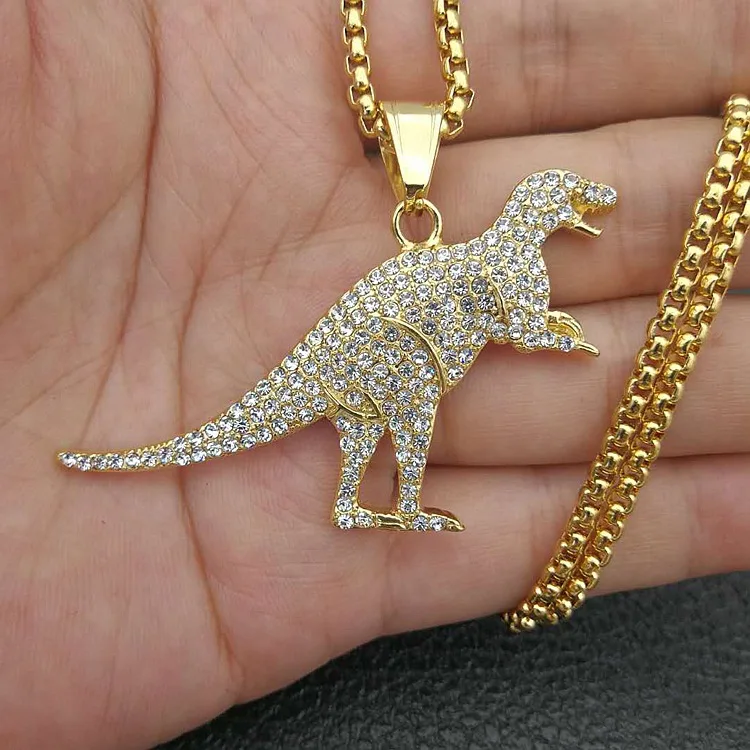 

Stainless Steel Crystal Dinosaur Tyrannosaurus Rex Pendants Necklace 24inch Rope Chain Box Chain SN171