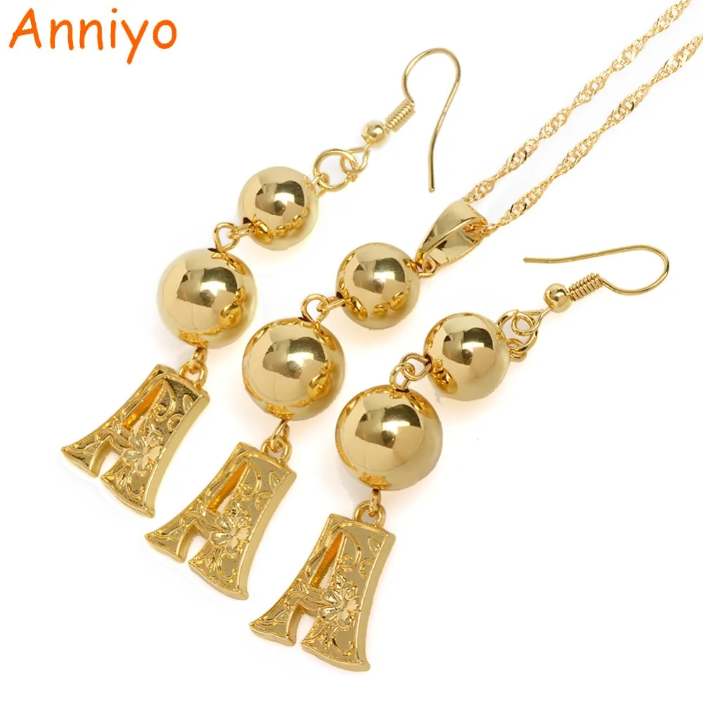 

Anniyo (A-Z) Gold Color Letters Bead Pendant & Earrings Initial Chain for Women,Ball Necklace English Letter Jewelry #069206(19)