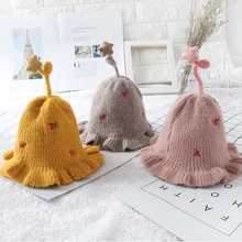 Детская вязаная шапка зимняя шапка милые Cherry детские шляпа для рыбалки Кепки Принцесса шляпа