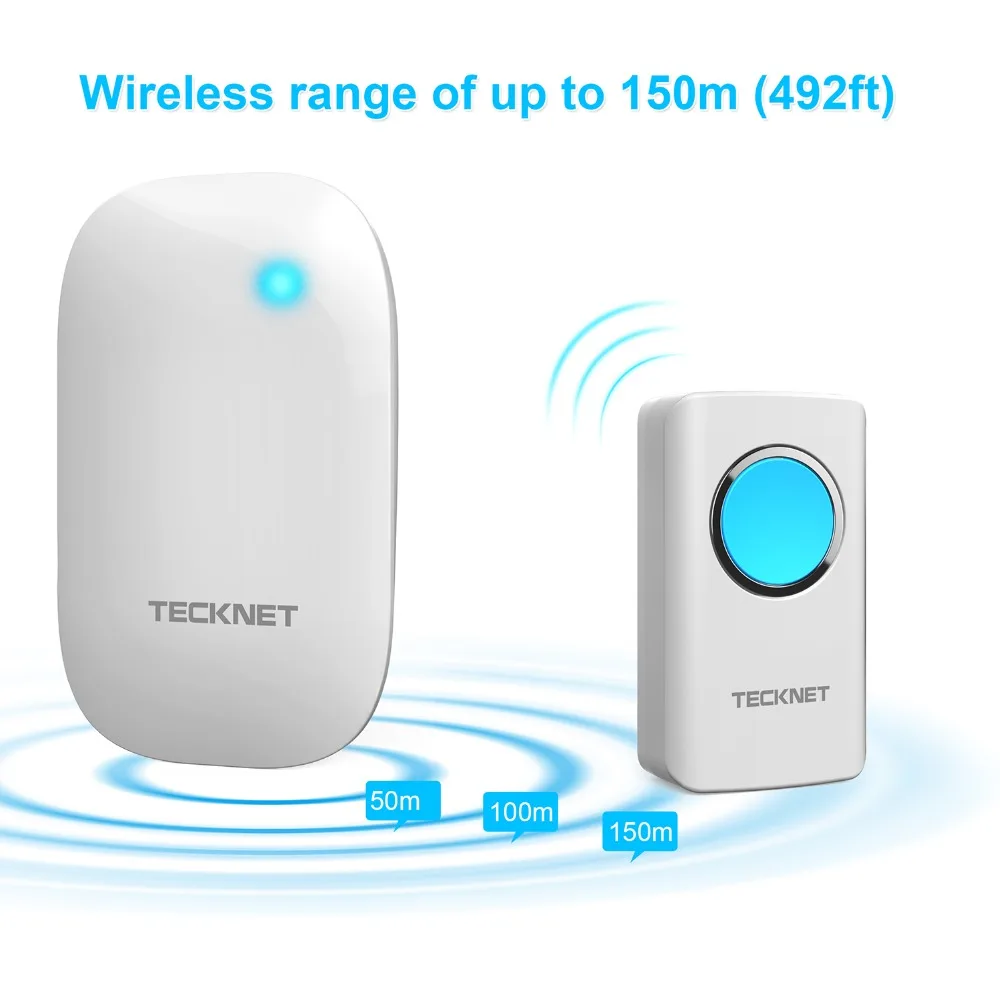 TeckNet беспроводной дверной звонок IP44 водонепроницаемый 150 м дальний домашний дверной звонок с 58 мелодий режим самообучения функция