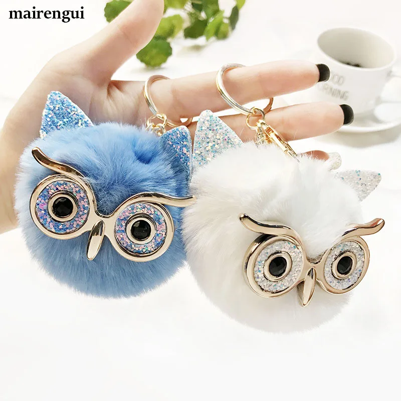 

Cute imitation rabbit fur owl pompom keychain women accessories bag pendant car key ring for bmw peugeot mercedes audi key chain