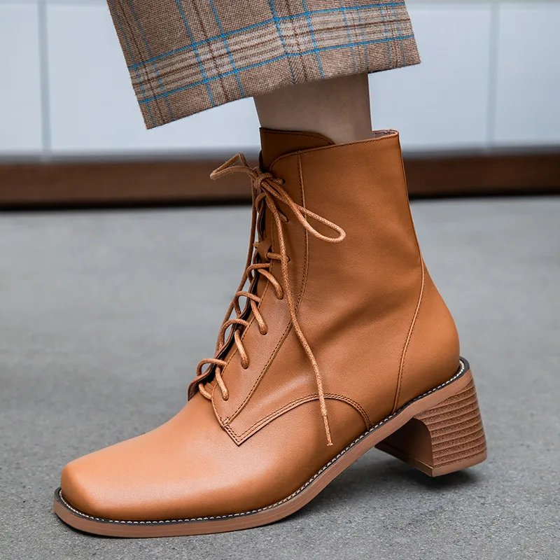 

YMECHIC Fashion Autumn Real Leather Square Toe Black Brown Block High Heels Shoes Lace Up British Ankle Boots Female Footwear