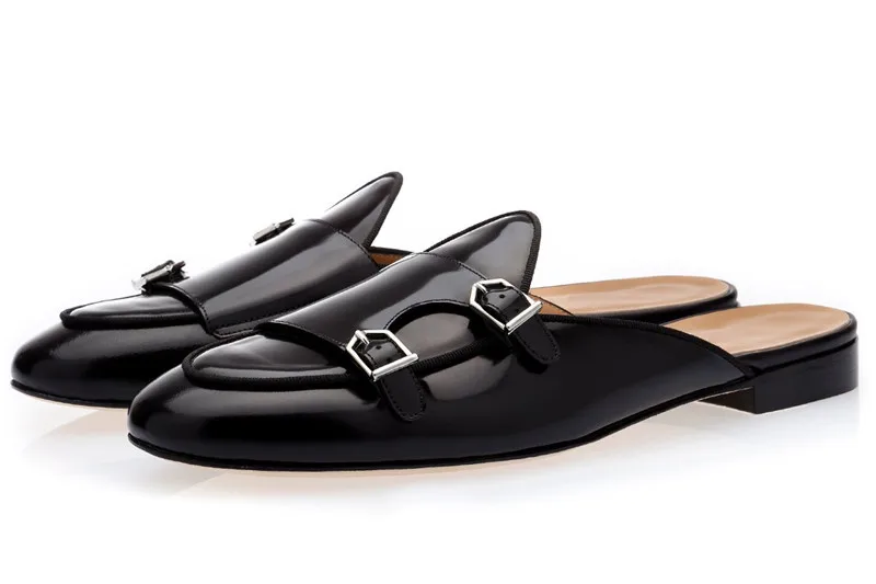2018 Men Patent Leather Buckle Shoes Slip on Mules Hand polished