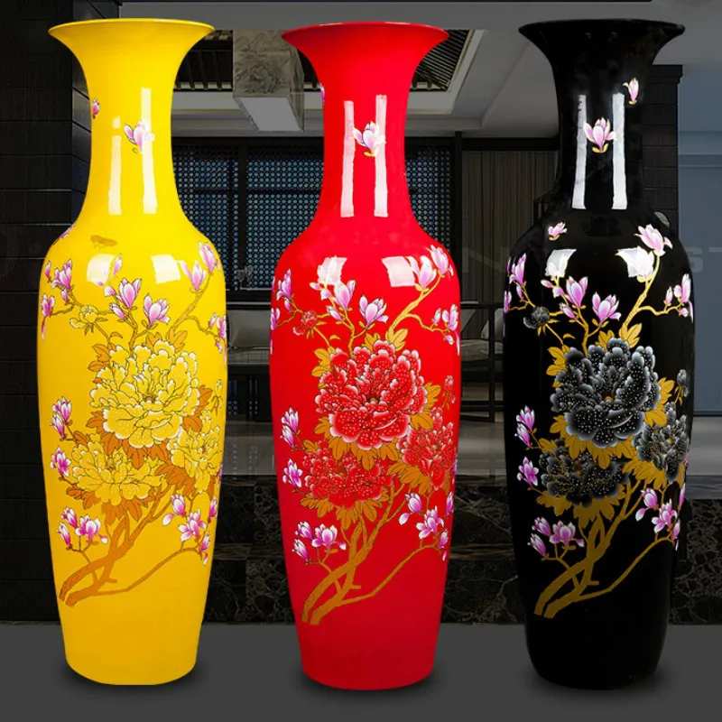 

180cm Height Crystal Glaze Royal Golden Peony Super Tall Chinese Ceramic Floor Vases For Hotel Office Decoration