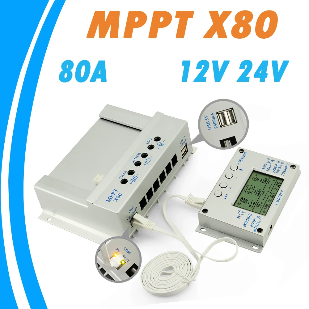 

Y-SOLAR 80A Solar Panel Regulator 12V 24V Dual USD 2.4A 5V Output Solar Charge and Discharge Controller with 2m Remote Display
