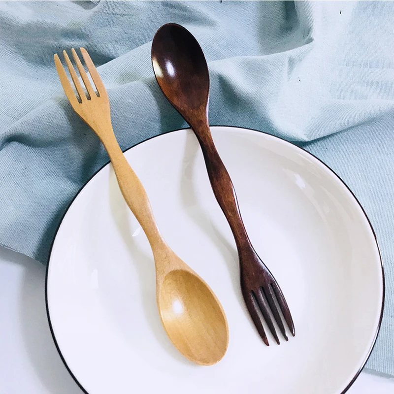 2 In 1 Wooden Spoon Forks Set Natural Wood Cutlery Coffee Tea Spoons