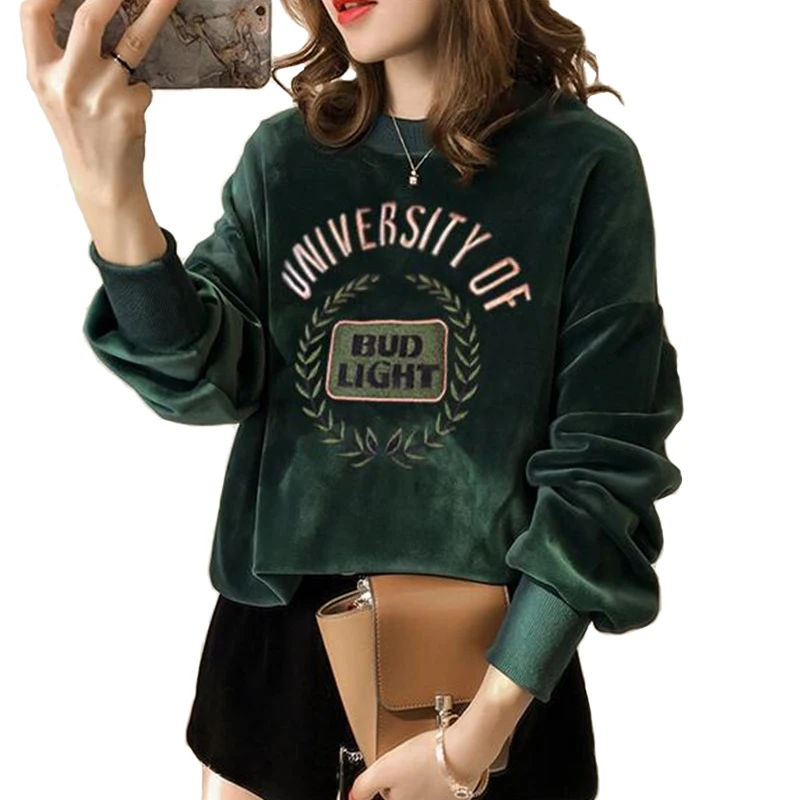 

Plus size 4XL Sweatshirts Women Spring Autumn Fashion Letter Embroidery Flocking Pullover Students Casual Tops Sweatshirts H712