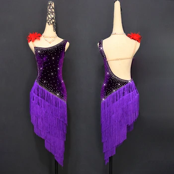 

New Custom-made Women Latin Dance Dress Sexy Sleeveless Fringe Sparkly Rhinestone Skirts Latin Salsa Chacha Standard Costumes