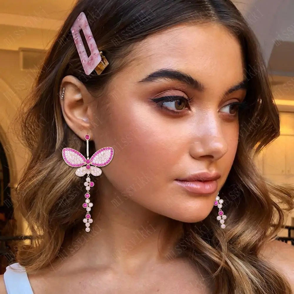 

missvikki Charm Shiny Luxury Butterfly Long Pendant Earrings for Women Bridal Wedding Engagement Party Show Earring Jewelry Gift