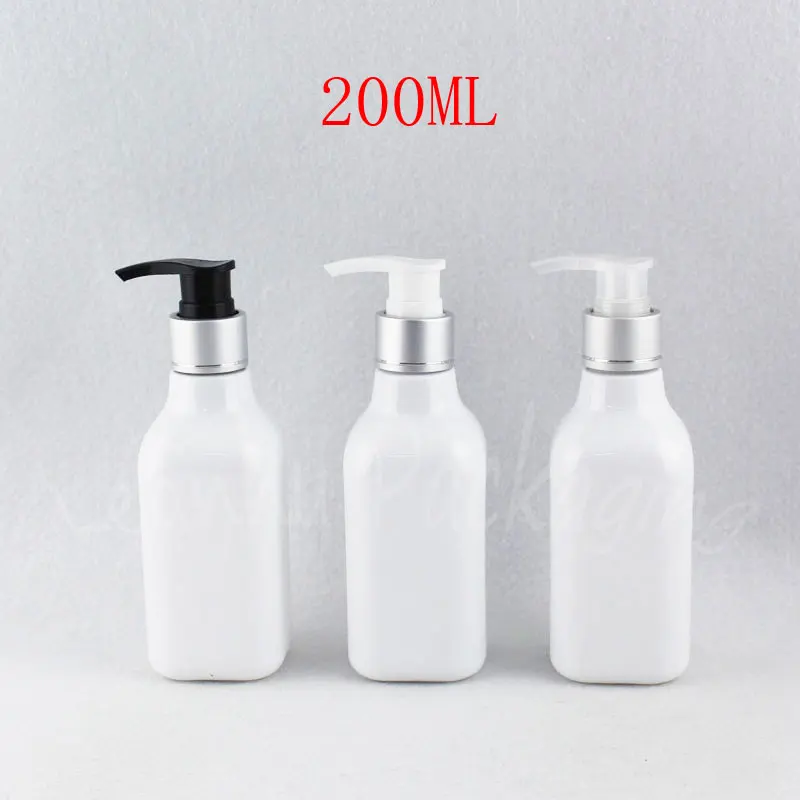 

200ML White Square Plastic Bottle With Silver Lotion Pump , 200CC Lotion / Shampoo Packaging Bottle , Empty Cosmetic Container
