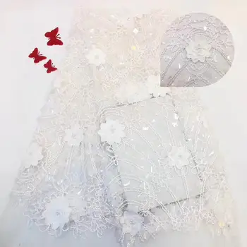

African 3d flower lace embroidered fabric 2019 white beaded sequins french tulle lace high quality wedding Nigerian laces fabric