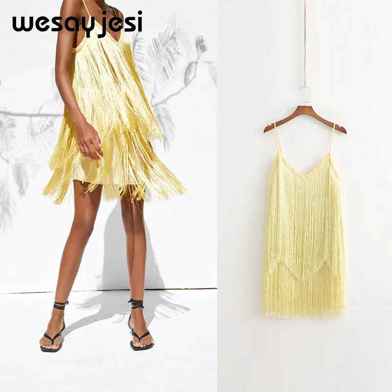

2019 summer spring dress women vestidos english style sleeveless tassel mini spaghetti strap vestidos de fiesta party dress