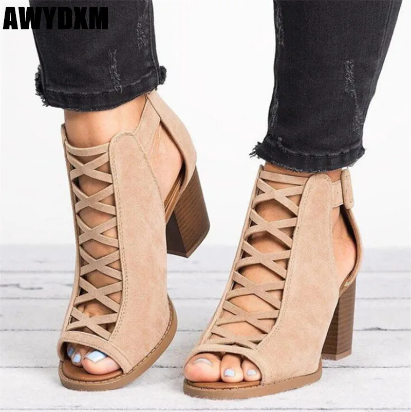 

Rome women sandals summer open toe Hollow casual shoes ladies Wedding party Zip High heels Buckle Thick heel woman shoes S012