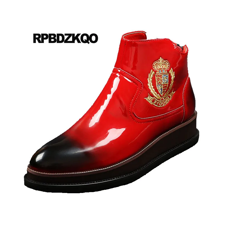 

Mens Black Patent Leather Boots Fall Zipper Shoes Pointed Toe High Sole Wedge Ankle Red Embroidered Platform Thick Soled Booties
