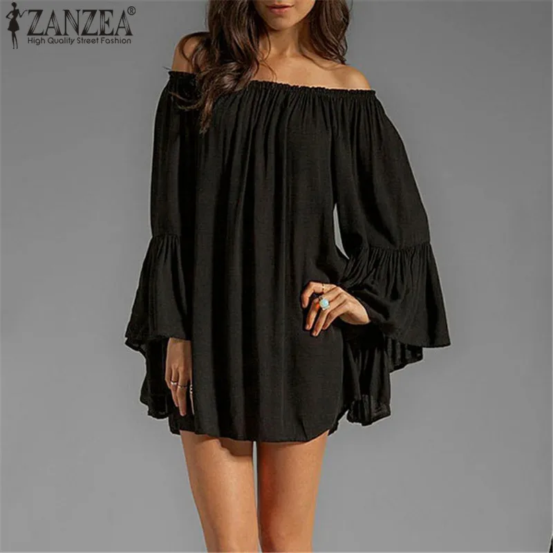 

ZANZEA Women Sexy Off Shoulder Dress 2019 Summer Slash Neck Flare Sleeve Casual Loose Mini Short Party Vestidos Plus Size S-3XL
