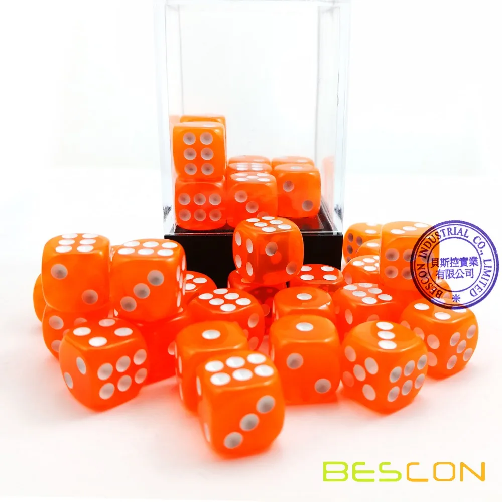 Bescon 12mm 6 Sided Dice 36 in Brick Box, 12mm Six Sided Die (36) Block of Dice, Translucent Orange with White Pips 4