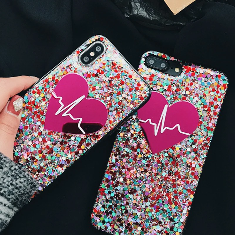 

Glitter Sequin Big Heart Case For coque iPhone X S MAX Xs XR 3D Love Soft TPU Cover For iPhone 6 6s 7 8 plus phone case Funda