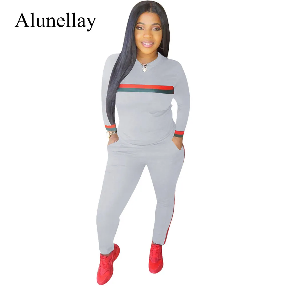 Alunellay Stripe Women 2 Piece Sets Jumpsuits Long Sleeve O Neck Bodycon Jumpsuit Women Pocket Pencil Pant Romper Sport Wear