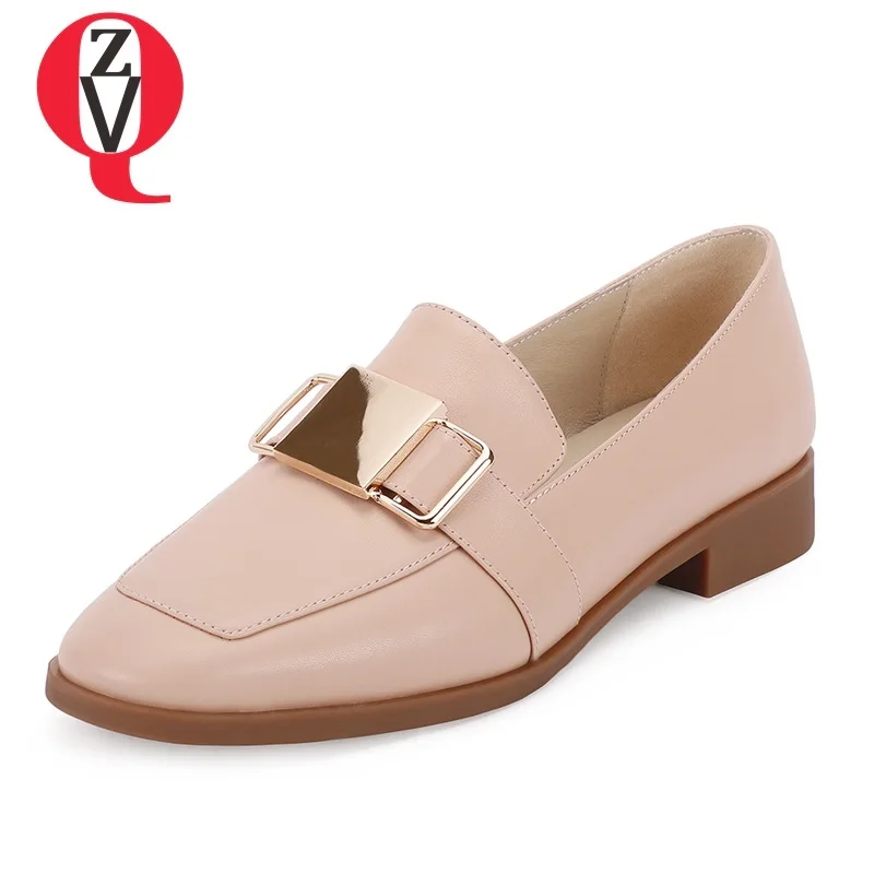 

ZVQ shoes woman spring new concise casual high quality genuine leather woman flats outside comfortable metal decoration shoes