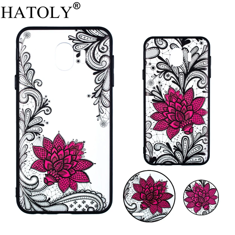 For Samsung Galaxy J4 2018 Case Lace Floral Phone Cases Black Rose Relief Hard PC Back Cover for Fundas J400F |
