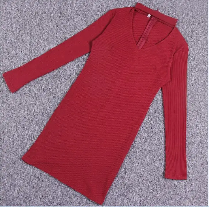 Женское осенне-зимнее платье, с длинным рукавом, с v-образным вырезом, вечерние платья, одноцветные, облегающие платья, сексуальные, вязанные, Mujer Robe M0609 - Цвет: Red