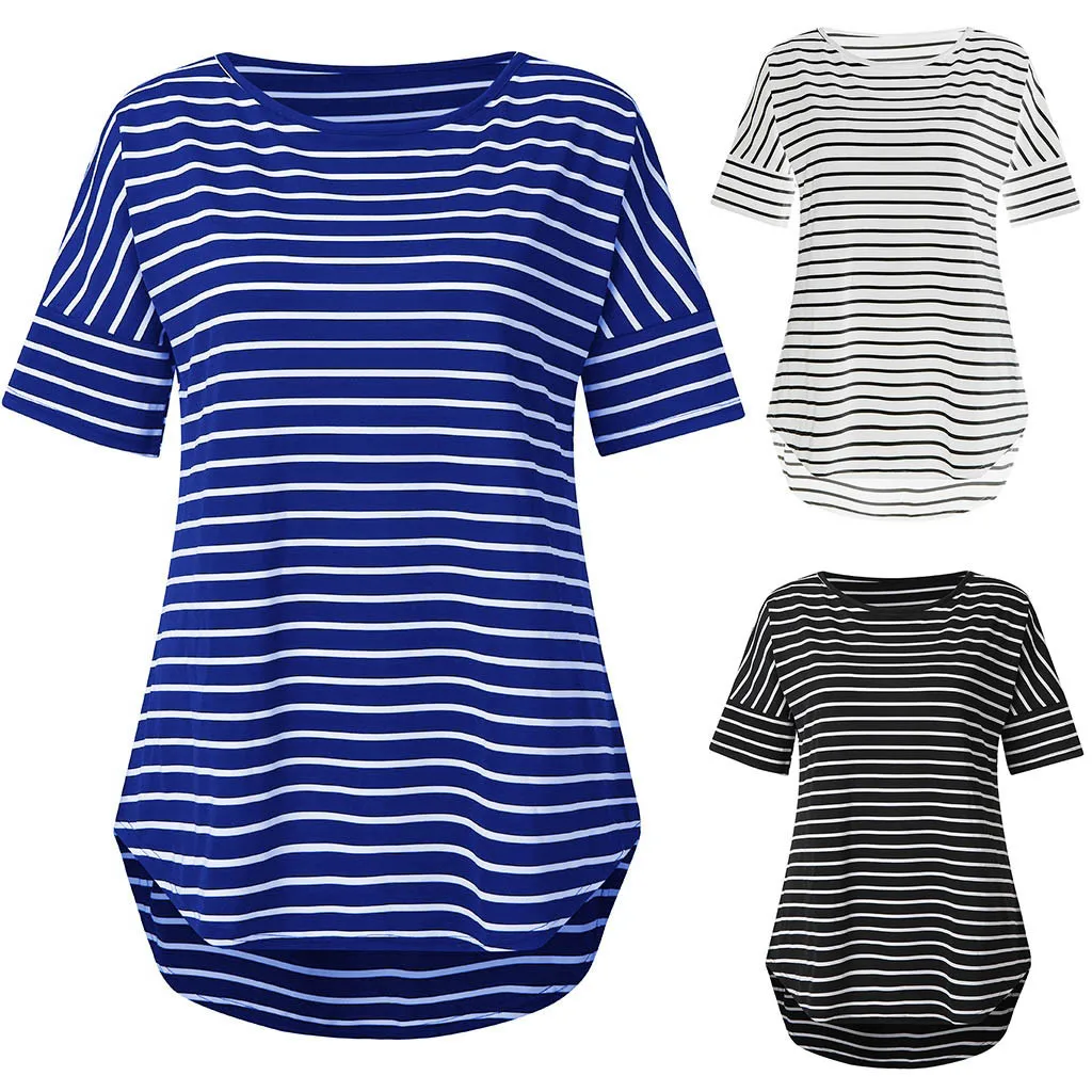 

MUQGEW Women Ladies Korea shirt top female stripe Short Sleeve Stripe Round Neck Casual Tops summer Blouse Tee Streewear 2019