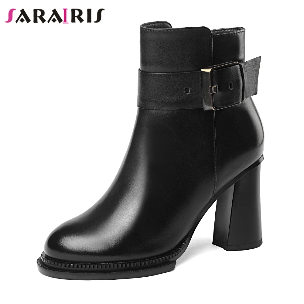 

SARAIRIS New Zip Wide High Heel 9cm Belt Buckle Platform Shoes Woman Cow Leather Fashion Winter Black Ankle Boots Big Size 33-40