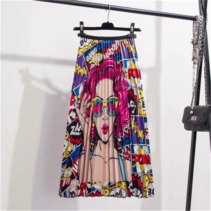 

Spring Summer Cartoon personality female skirt High Waist Long Pleated Skirt Casual Female Skirt For Women Rok