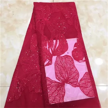

Free delivery!!African sequins lace fabric high quality Nigerian stretch lace fabric Red print with sequins for apparel
