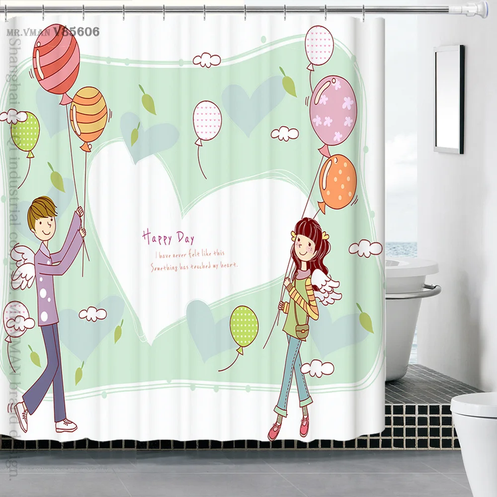 Shower Curtain Polyester Cloth Waterproof Moldproof Cartoon Couple