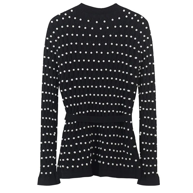 Élégant Cardigans Couture Cravate Automne Haute Nouveau Profonde Hiver Noir Perles Pleine 2018 Manches V Veste Tricoté Femme De Outwear OHOn4PqUI