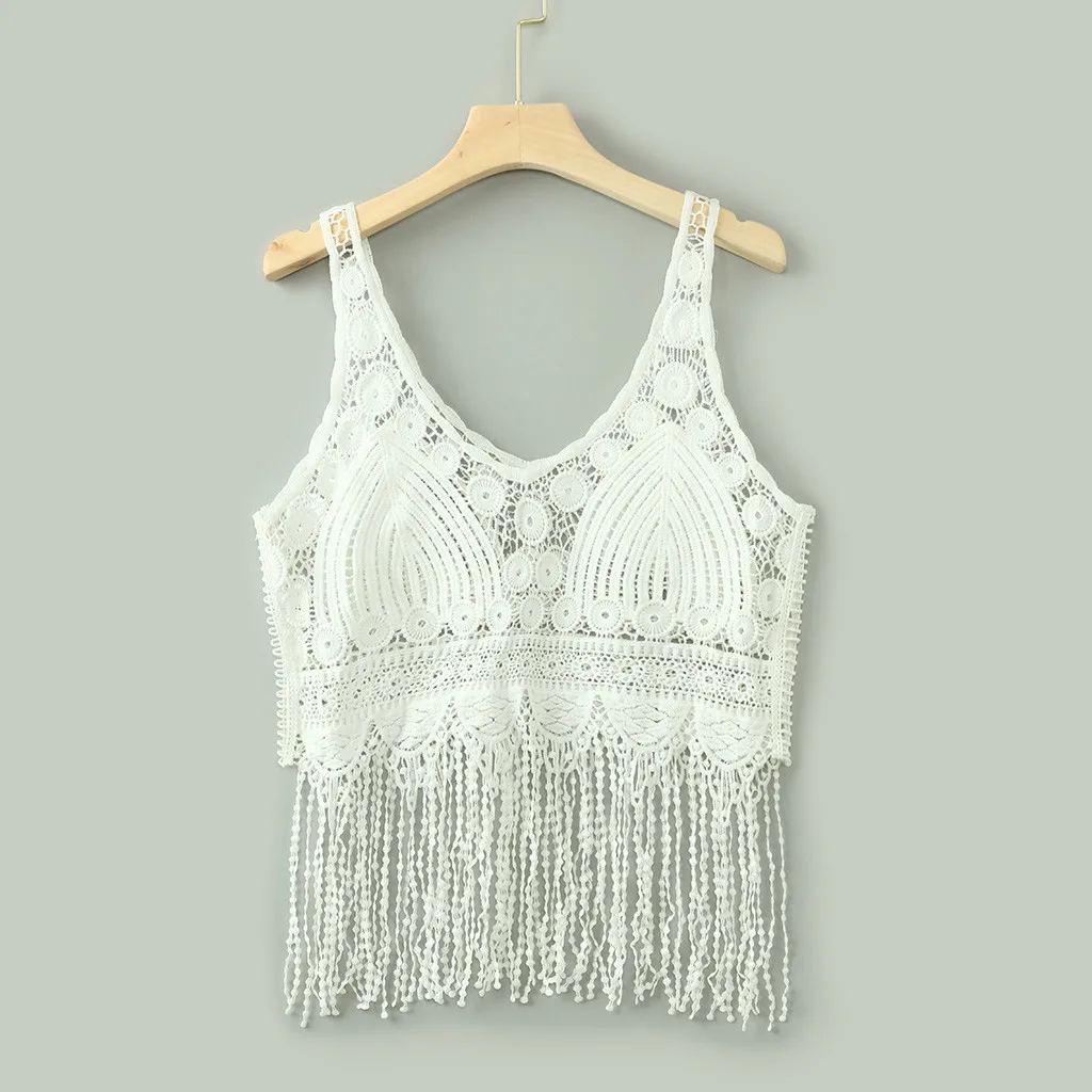 

Women Knitted Tank Top Hollow Out Tassel Solid V Neck Sleeveless Womens Summer Crop Top Cropped Feminino Fitness Femme 2019 New