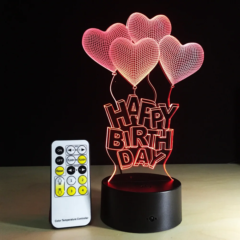 Happy Birthday LED 3D Visual Stereo Lamp 7 Colors Changing Indoor