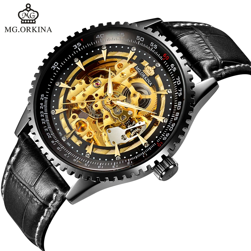 

ORKINA New Big Dial Gold Skeleton Mechanical Watches Men's Antique Steampunk Casual Automatic Wristwatch Mechanical Watches Male