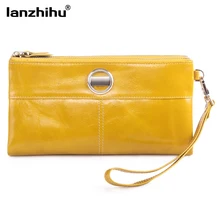 2016 New Genuine Leather Women wallets with Wristlet Brand Zipper Pocket Large Capacity Leather Coin Purse Card Holder Clutch