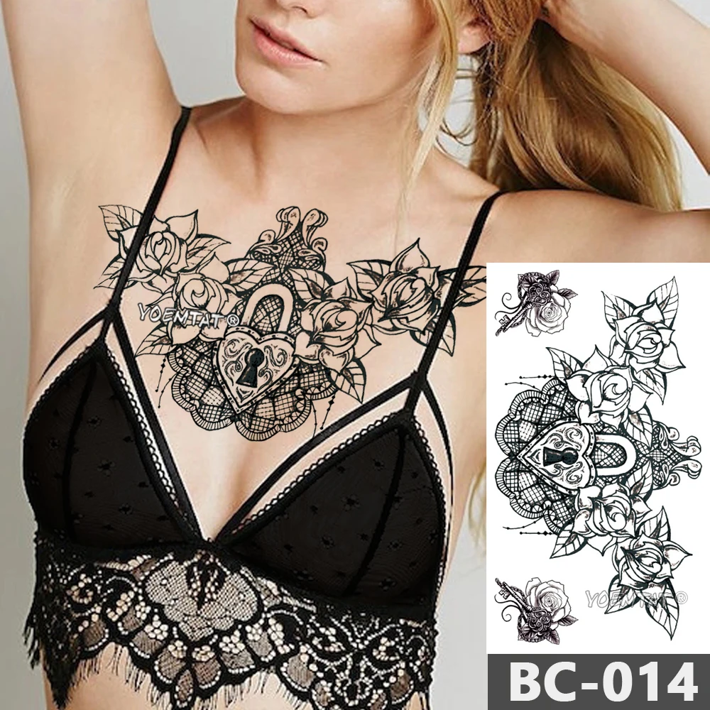 

1 Sheet Chest Body Tattoo Temporary Waterproof Jewelry Heart-shaped lock rose lace pattern Decal Waist Art Tattoo Sticker