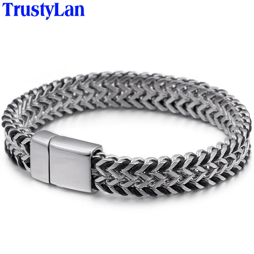 

Personality Mens Leather Bracelets Bangles Polished Solid Stainless Steel Man Bracelet Men Vintage Jewelry For Night Club Boy