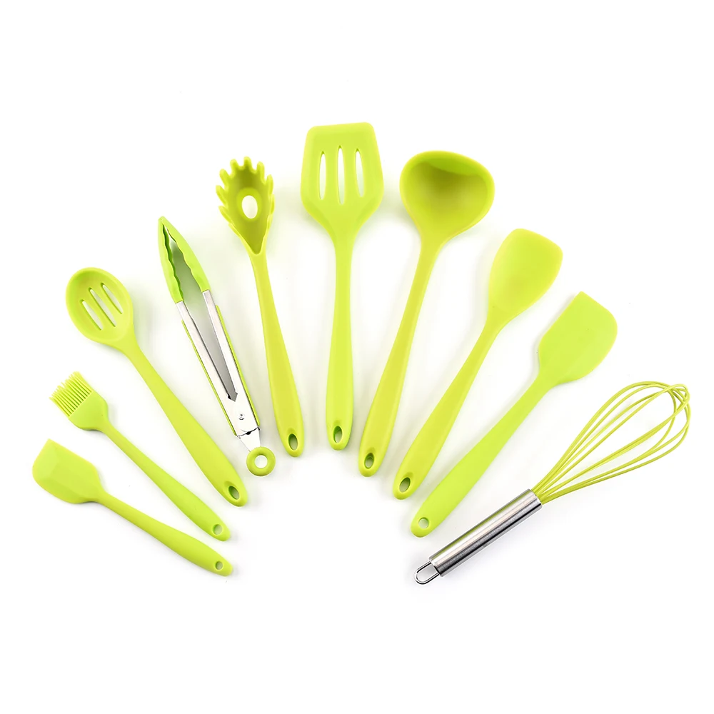Кухонные инструменты, набор силиконовых кухонных принадлежностей, кухонная посуда, ложка, лопатка, половник, венчики для яиц, набор посуды, инструменты для приготовления пищи, аксессуары - Цвет: 10Pcs Light green