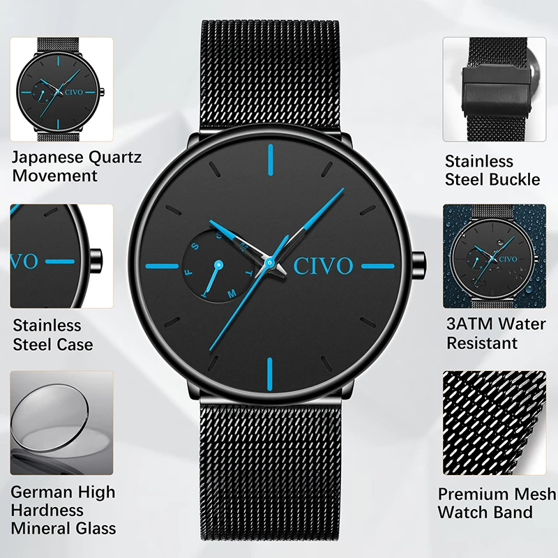 CIVO Fashion Mens Watches Top Brand Luxury Waterproof Ultra Thin Dial Sport Quartz Watches Men Mesh Band Clock Relogio Masculino
