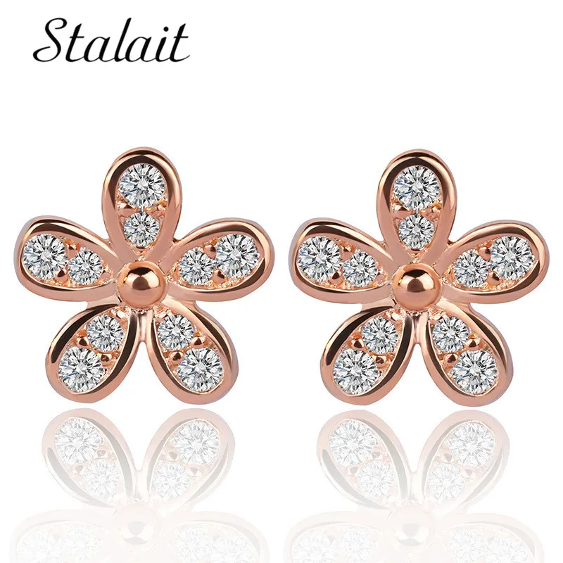 

Rose Gold Color Plum Blossom Crystal Stud Earrings For Women Accessories Zircon Jewelry Fashion Wedding Jewelry Valentine's Day