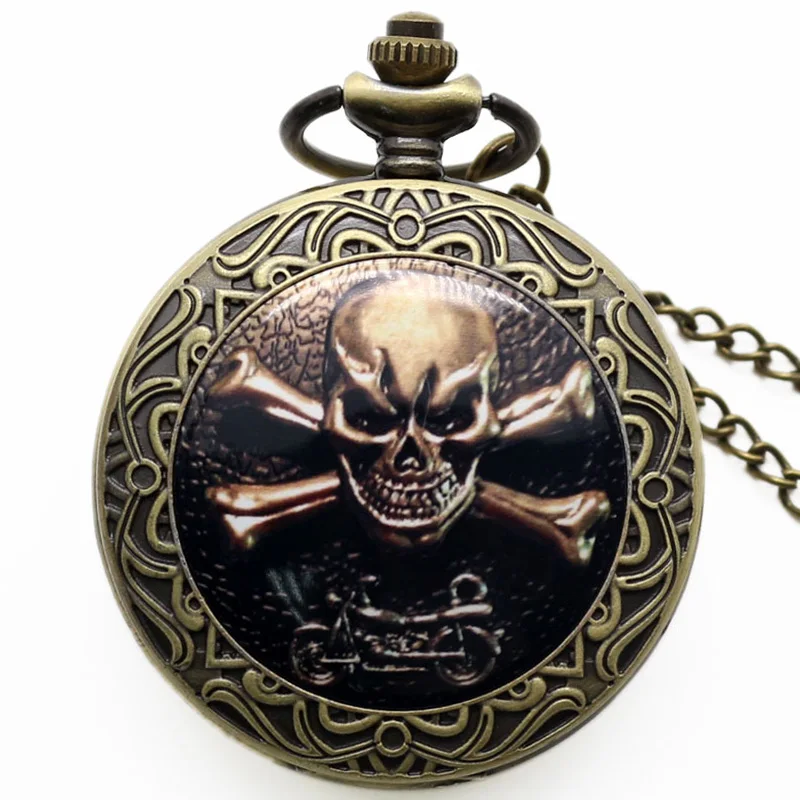 High Quality Gothic Skull Design Pocket Watch Retro Bronze Fob with Necklace Chain Best Gift for