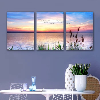 

Canvas Printed Pictures Wall Art 3 Panel Lakeside Sunset Landscape Paintings Home Decoration Module Poster Living Room Frame