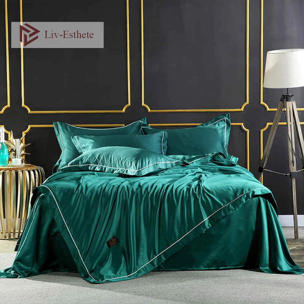 

Liv-Esthete 100% Silk Green Luxury Bedding Set Double Queen King Duvet Cover Pillowcase Bedspread Soft Bed Linens Home Textiles